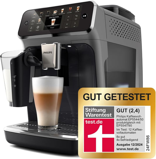 Serie 5500 (EP5544/50) Kaffeevollautomat – LatteGo Milchsystem, 20 heiße und kalte Kaffeespezialitäten, 40% leiser mit SilentBrew, QuickStart, Schwarz/Grau