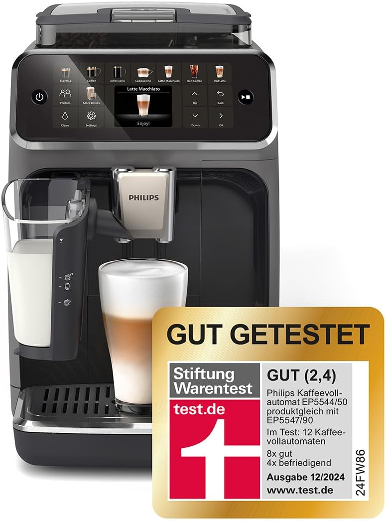 Serie 5500 (EP5544/50) Kaffeevollautomat – LatteGo Milchsystem, 20 heiße und kalte Kaffeespezialitäten, 40% leiser mit SilentBrew, QuickStart, Schwarz/Grau
