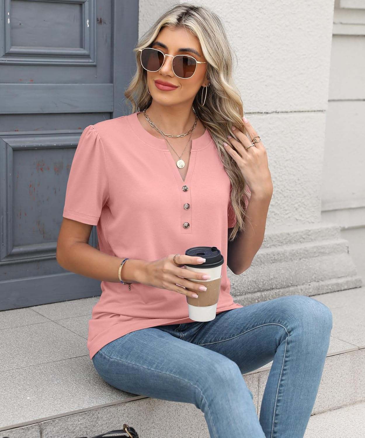 Womens Tops Summer 2025 Short Sleeve Casual Shirts Fashion Loose Fit Clothes